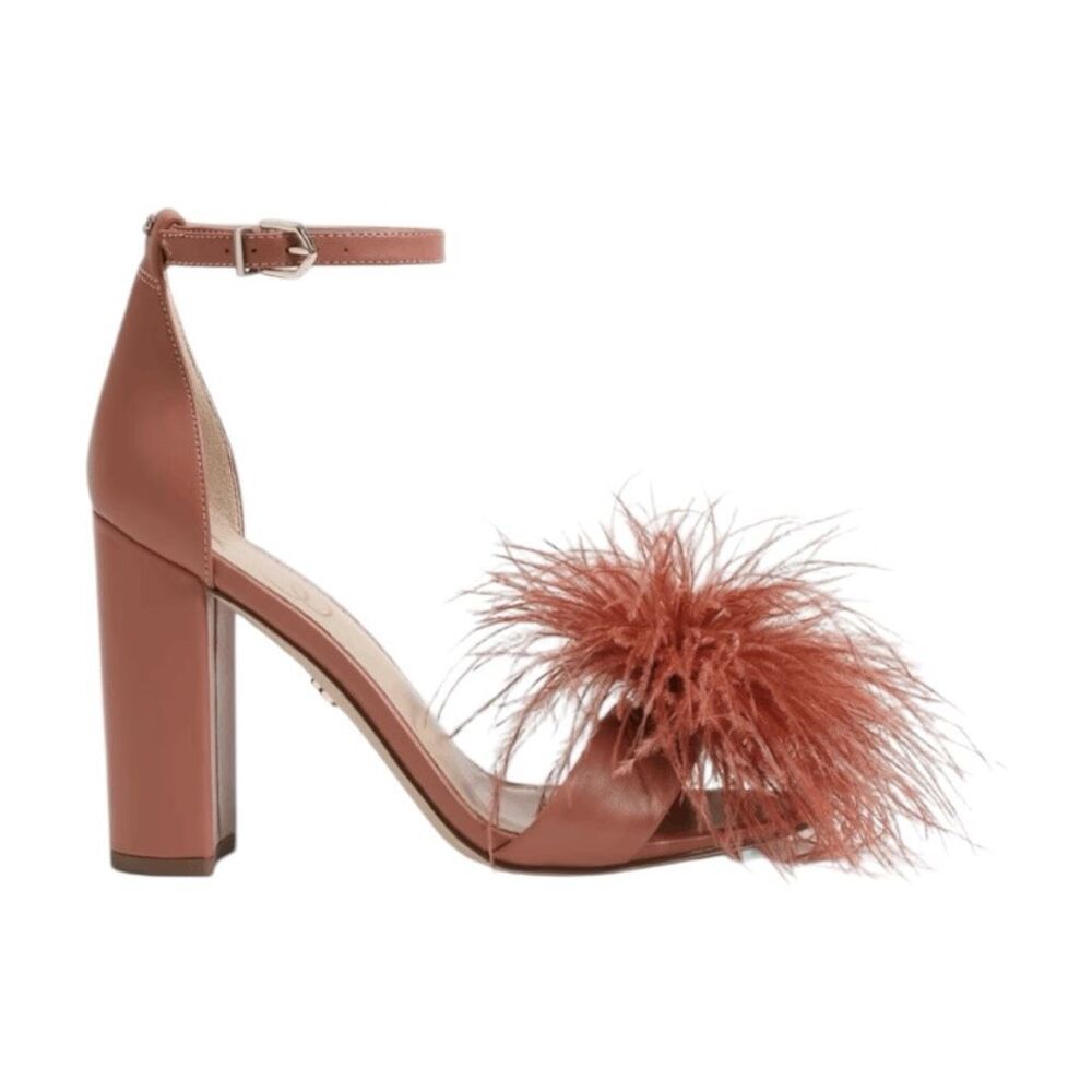 Sam Edelman Rust Feather Pom-Pom Ankle Strap Block Heel Sandals NWOT - Picture 4 of 9